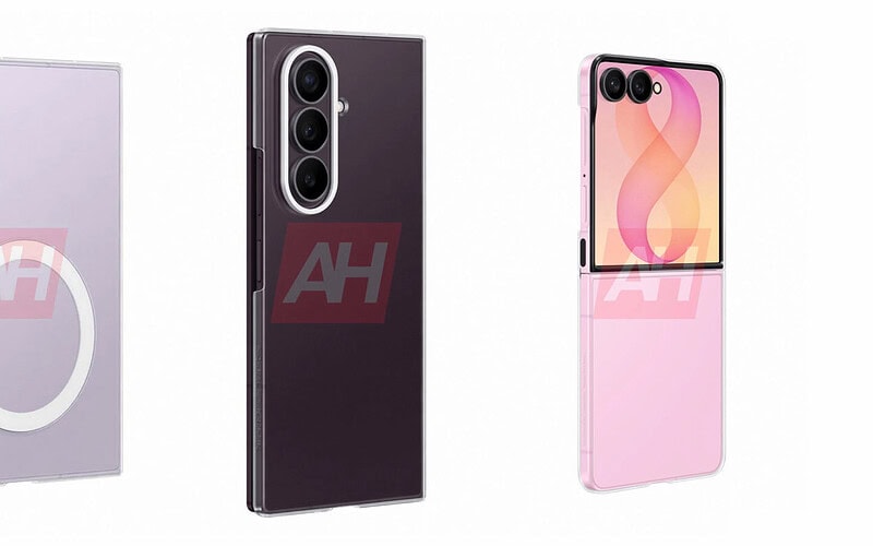 Montagem com supostas capas oficiais da samsung para galaxy z fold 8 ultra, fold 8 e flip 8 em diferentes cores.