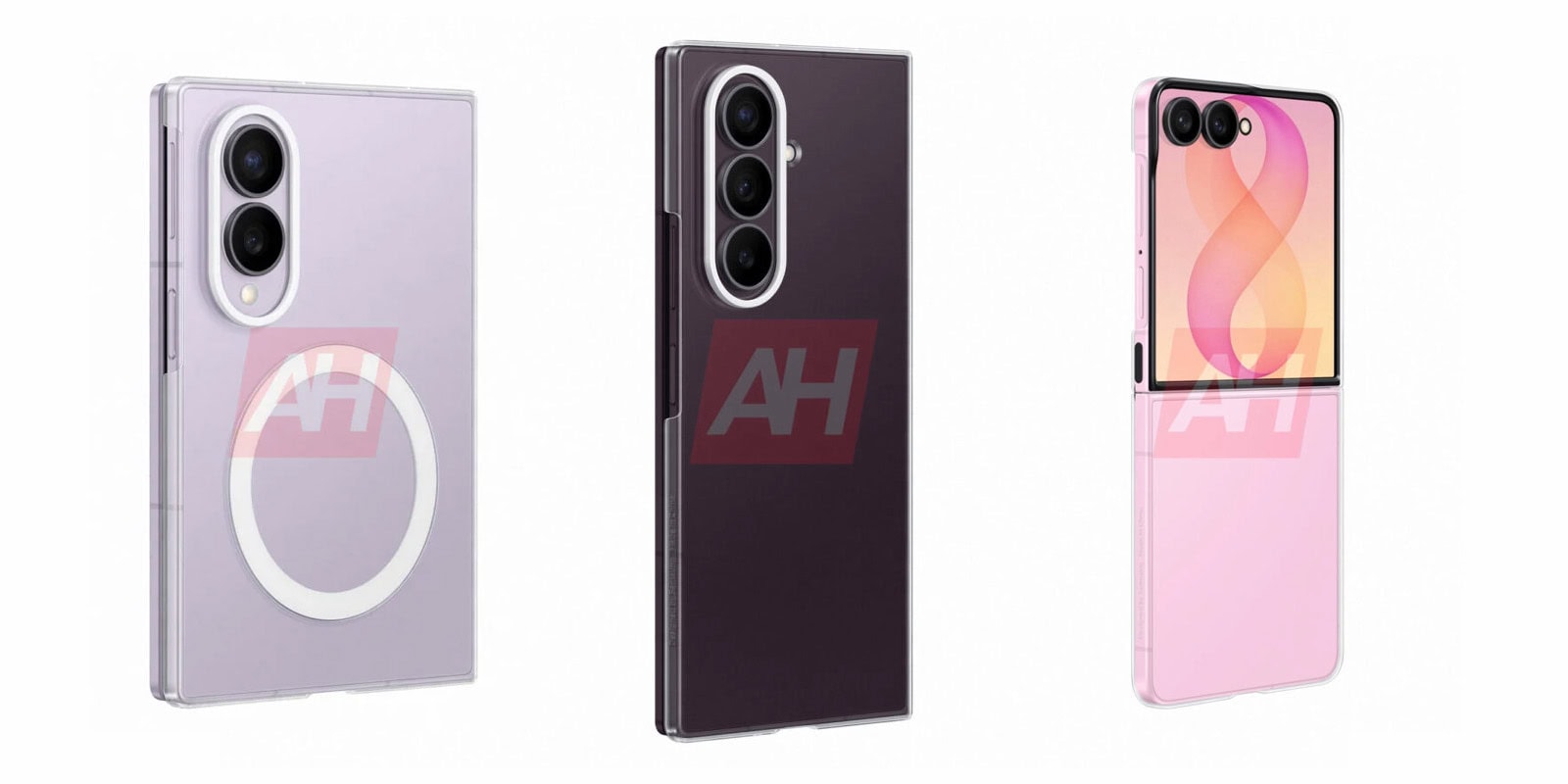 Montagem com supostas capas oficiais da samsung para galaxy z fold 8 ultra, fold 8 e flip 8 em diferentes cores.