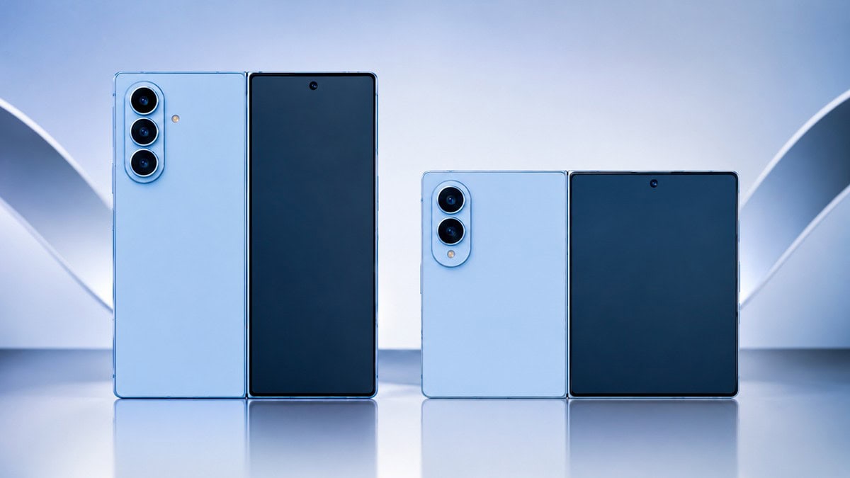 Render atribuído à próxima linha galaxy z da samsung mostra dobráveis galaxy z fold 8 ultra, fold 8 e flip 8 em uma composição usada na reportagem sobre lançamento e vendas.