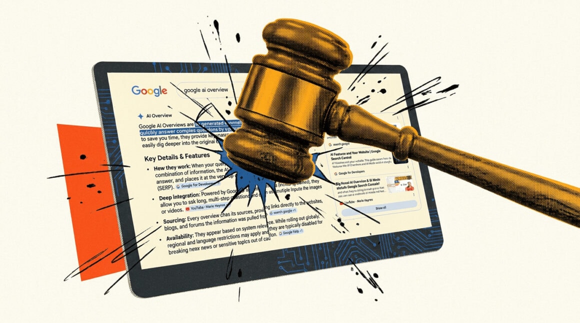 Ilustração representa os ai overviews do google sob escrutínio judicial na alemanha.