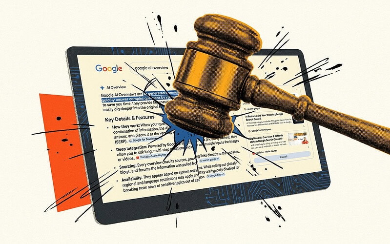 Ilustração representa os ai overviews do google sob escrutínio judicial na alemanha.