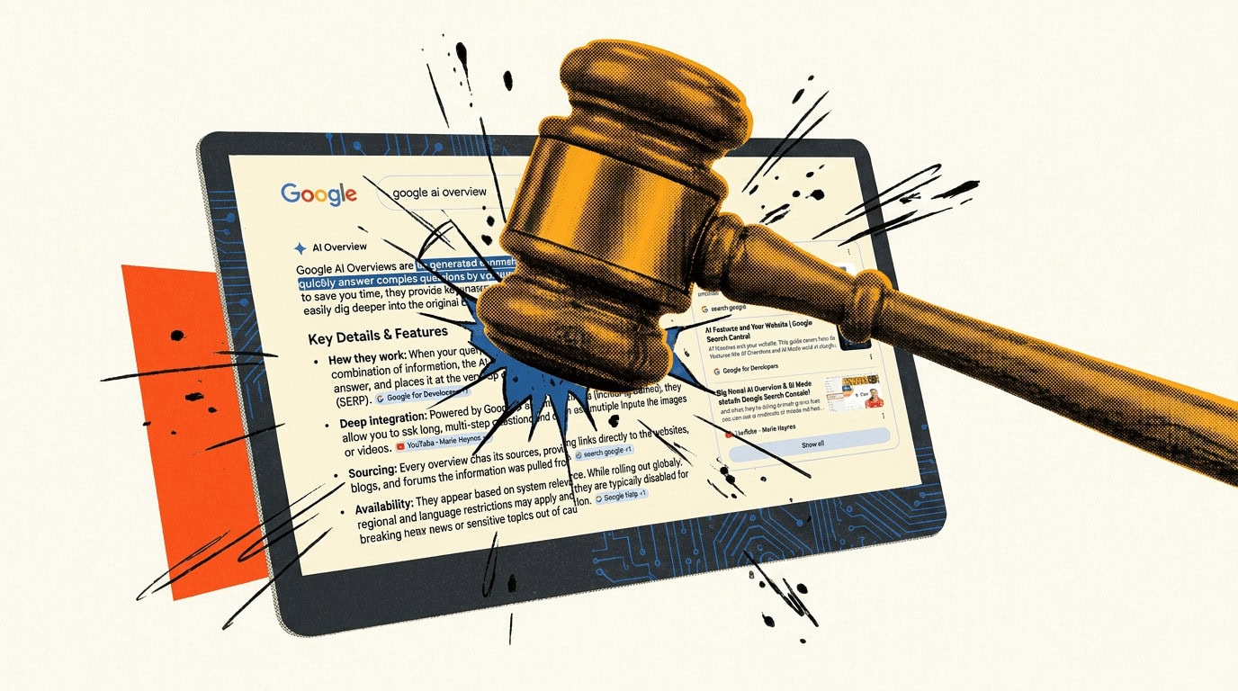 Ilustração representa os ai overviews do google sob escrutínio judicial na alemanha.