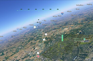 Tela do simulador de voo do google earth mostrando a região do columbus zoo.
