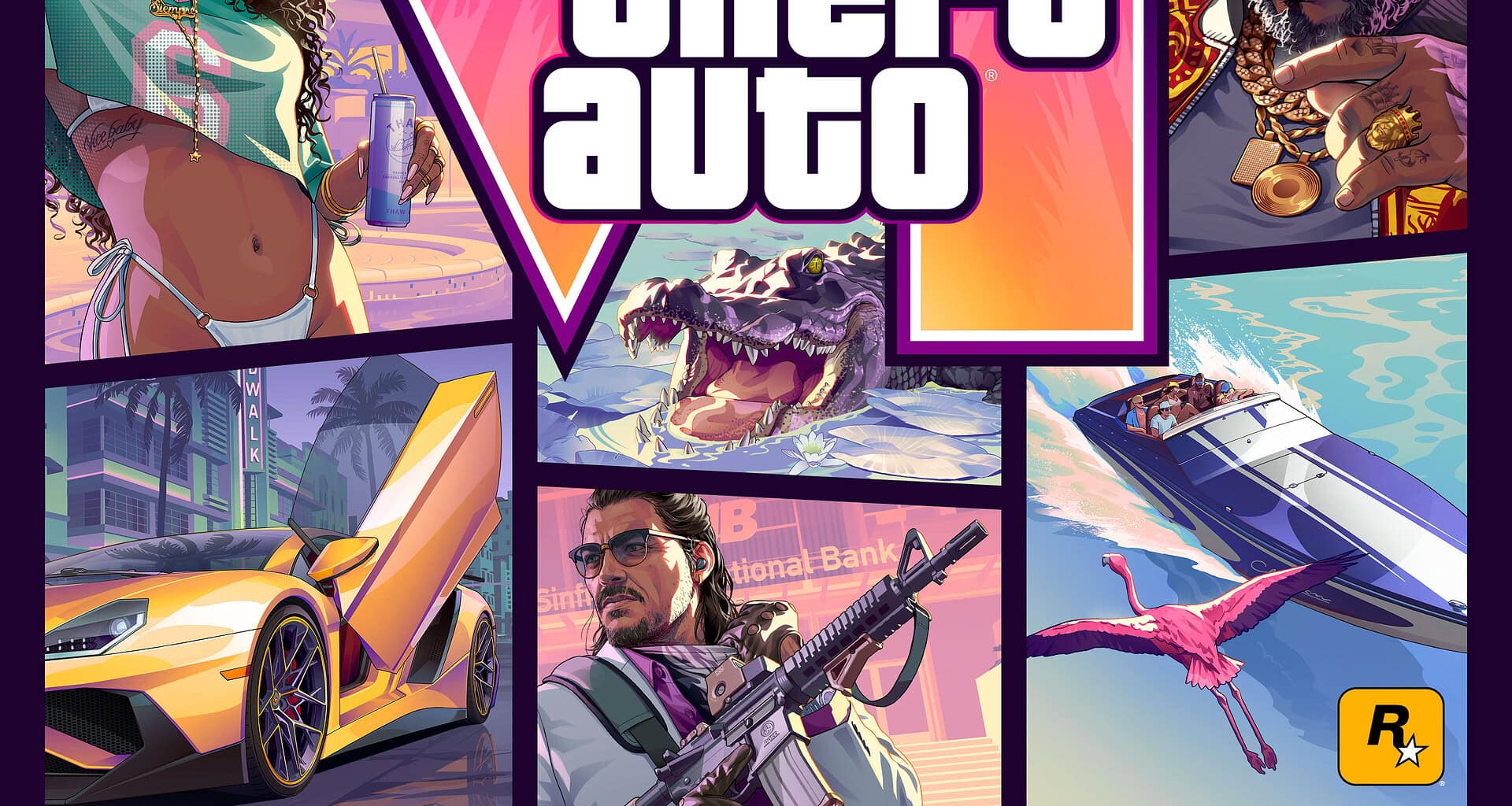 Arte oficial de grand theft auto vi com jason, lucia e cenas de vice city