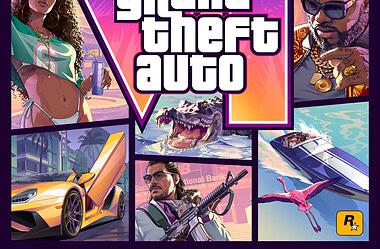 Arte oficial de grand theft auto vi com jason, lucia e cenas de vice city