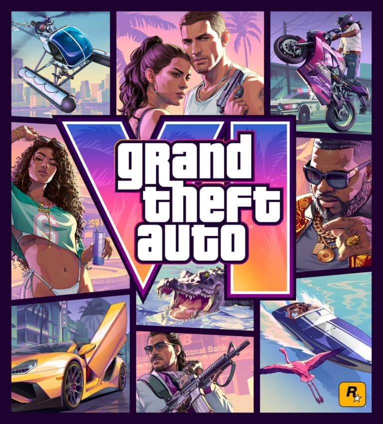 Arte oficial de grand theft auto vi com jason, lucia e cenas de vice city