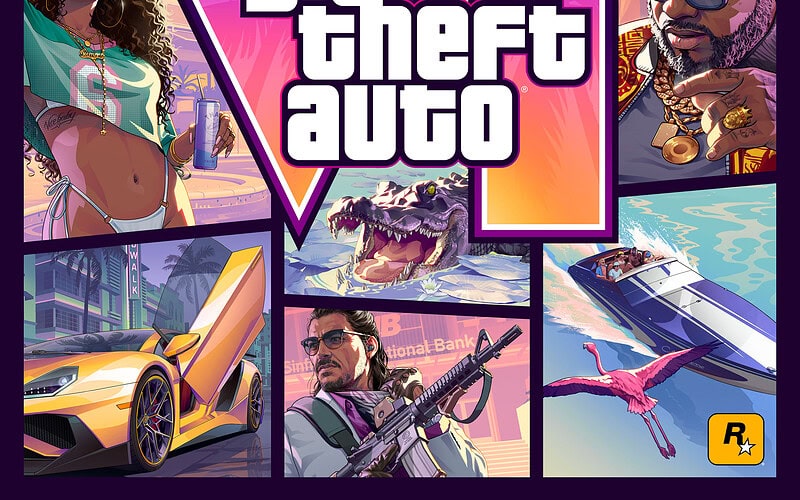 Arte oficial de grand theft auto vi com jason, lucia e cenas de vice city