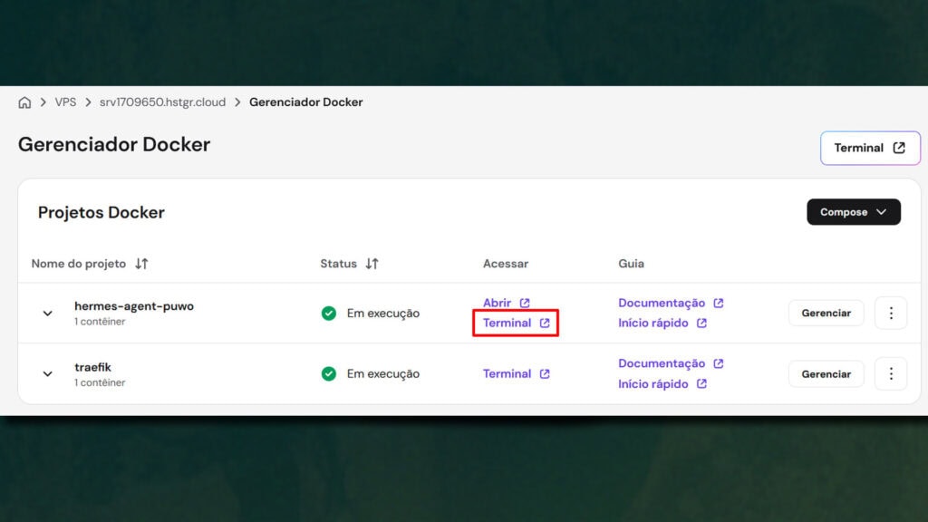Painel gerenciador docker da hostinger exibindo o projeto hermes-agent em execução. Destaque em vermelho no link terminal para acessar o console do container e prosseguir com a hermes agent instalação no vps da hostinger.