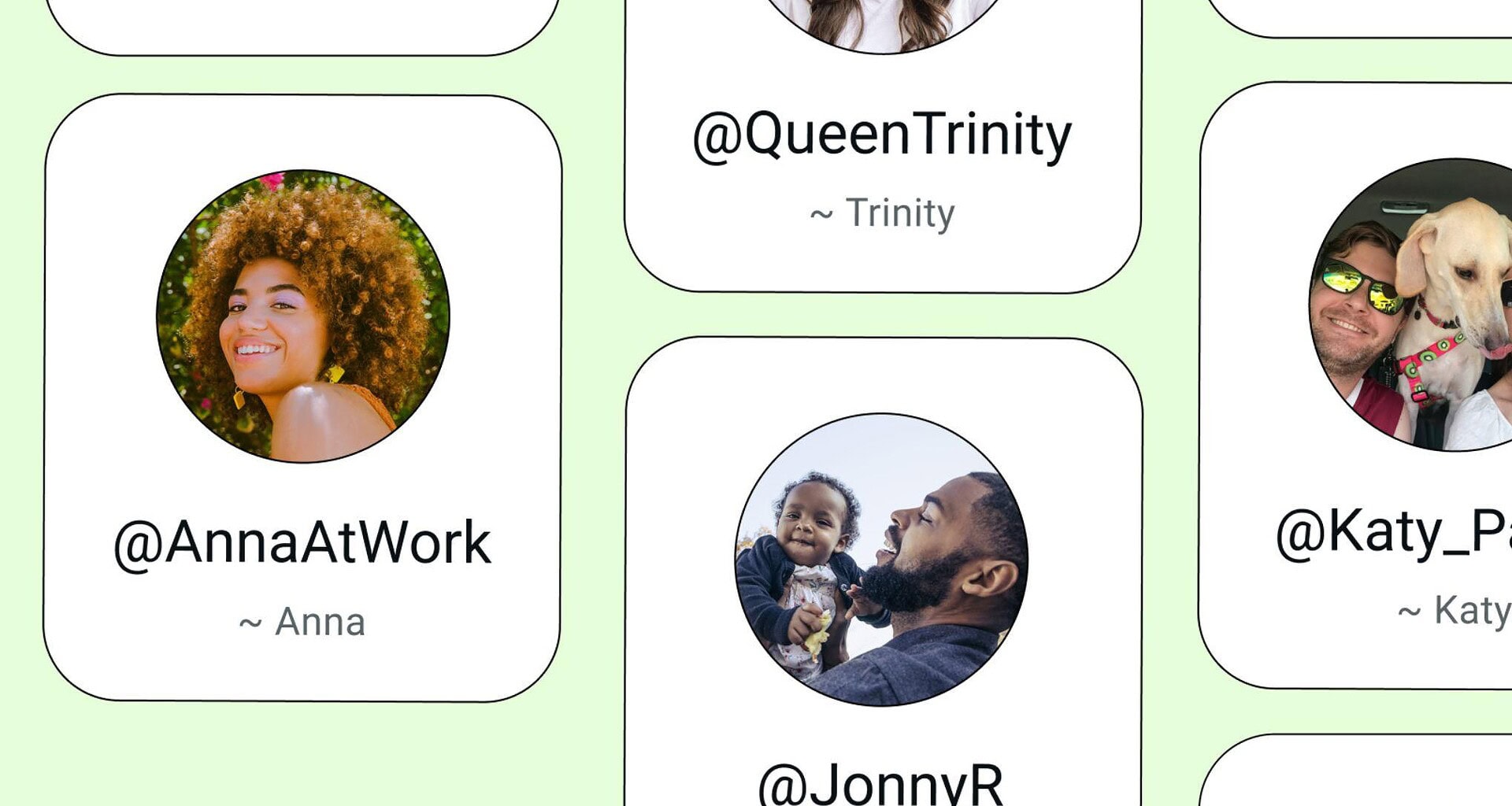 Montagem com perfis e nomes de usuário do whatsapp em cartões sobre fundo verde claro.
