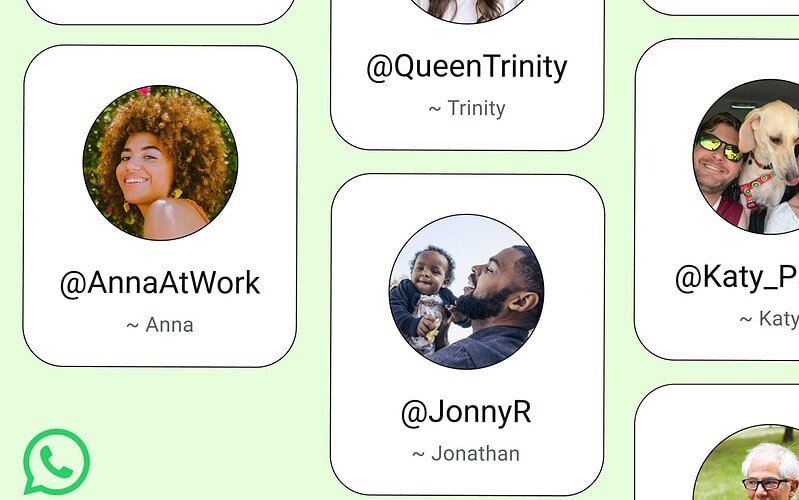 Montagem com perfis e nomes de usuário do whatsapp em cartões sobre fundo verde claro.