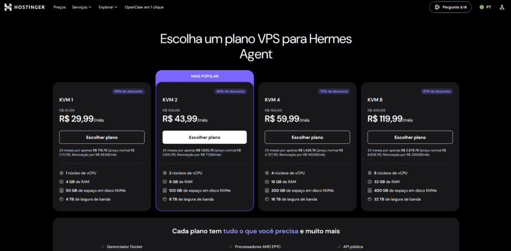 Página de preços da hostinger exibindo os planos vps para hermes agent. O plano kvm 2 é destacado como o mais popular para a hermes agent instalação, oferecendo 2 núcleos e 8 gb de ram por r$ 43,99/mês. Opções de kvm 1, kvm 4 e kvm 8 também estão disponíveis para a hermes agent hostinger.
