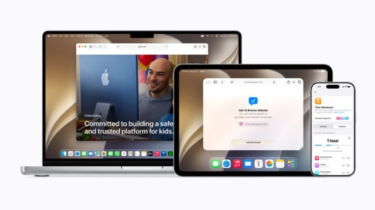Dispositivos apple com macos 27 golden gate, ipados e ios mostrando recursos integrados de segurança e controle parental, ecossistema apple silicon apresentado na wwdc 2026