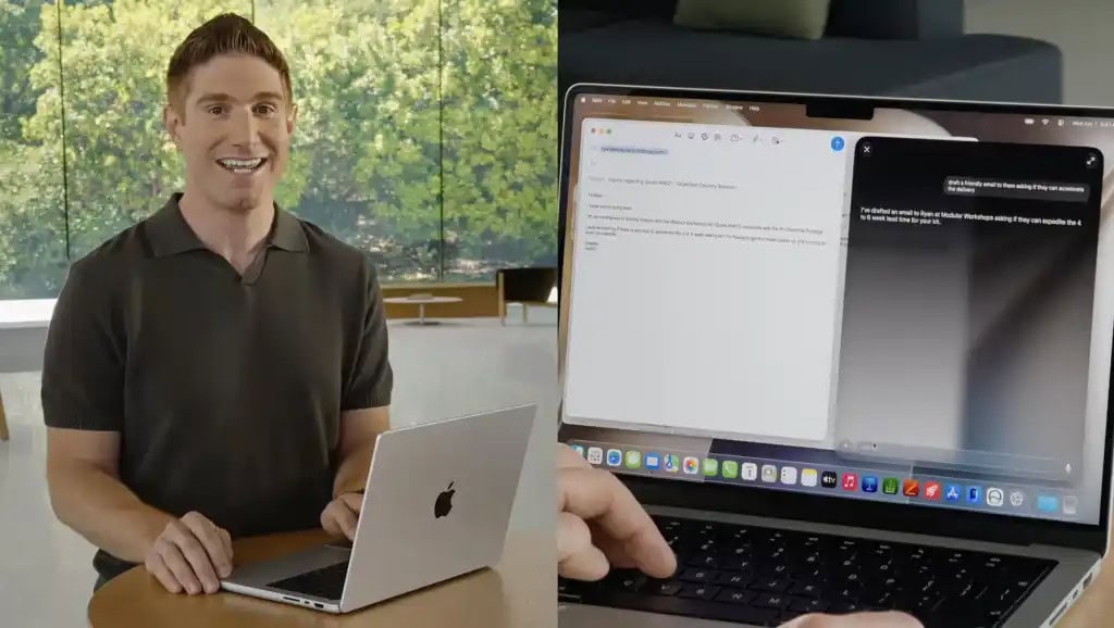 Apresentador demonstrando a siri ai do macos golden gate integrada ao spotlight com google gemini, principal funcionalidade de ia do macos 27 anunciada na wwdc 2026 para apple silicon