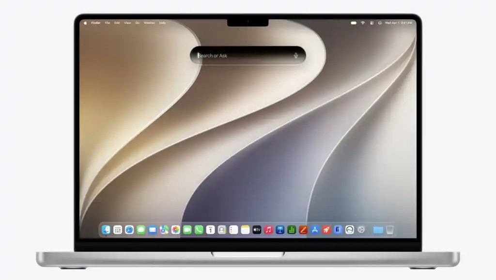 Tela do macbook mostrando a barra de busca do macos 27 golden gate com wallpaper abstrato, interface da siri ai apresentada na wwdc 2026 com novas funcionalidades para apple silicon