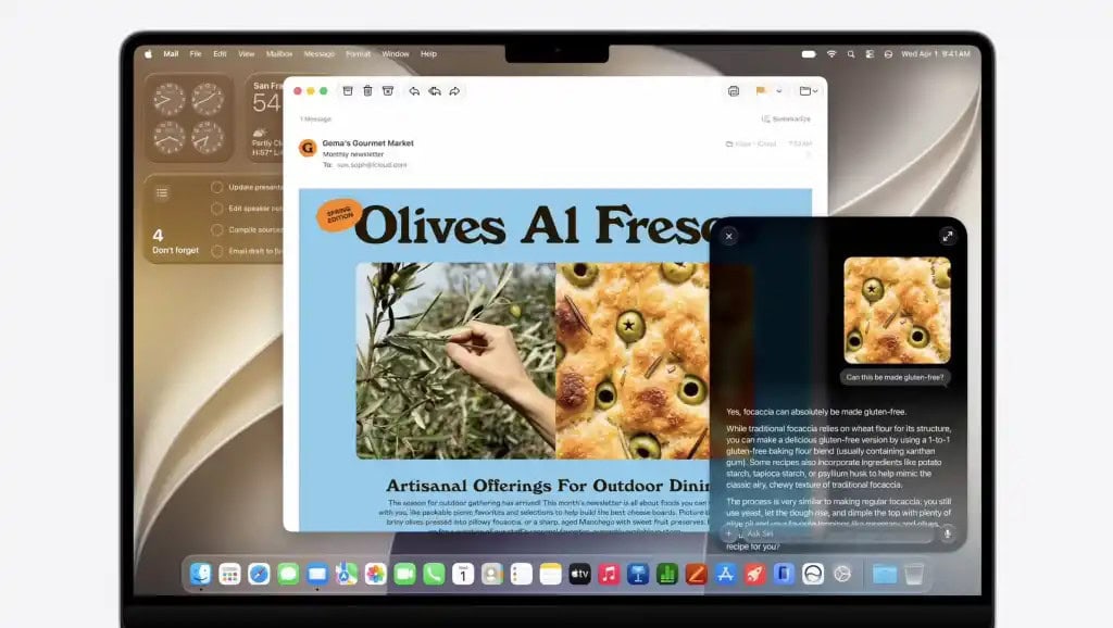 Visual intelligence do macos golden gate analisando email sobre receitas, funcionalidade de ia do macos 27 apresentada na wwdc 2026 que reconhece conteúdo na tela em macs apple silicon