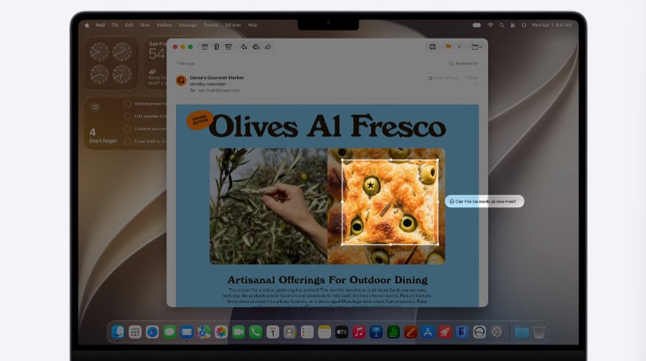 Recurso visual intelligence do macos 27 golden gate selecionando imagem de focaccia em email, funcionalidade de reconhecimento visual da wwdc 2026 para macs com apple silicon