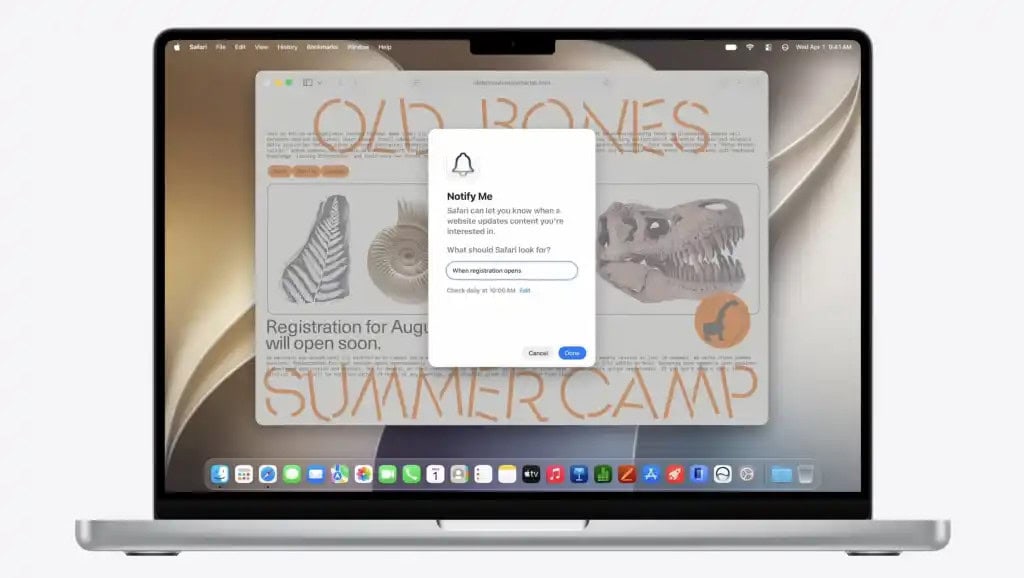 Safari do macos 27 golden gate exibindo recurso notificar quando com ia para monitorar atualizações de páginas, funcionalidade apresentada na wwdc 2026 para macs apple silicon