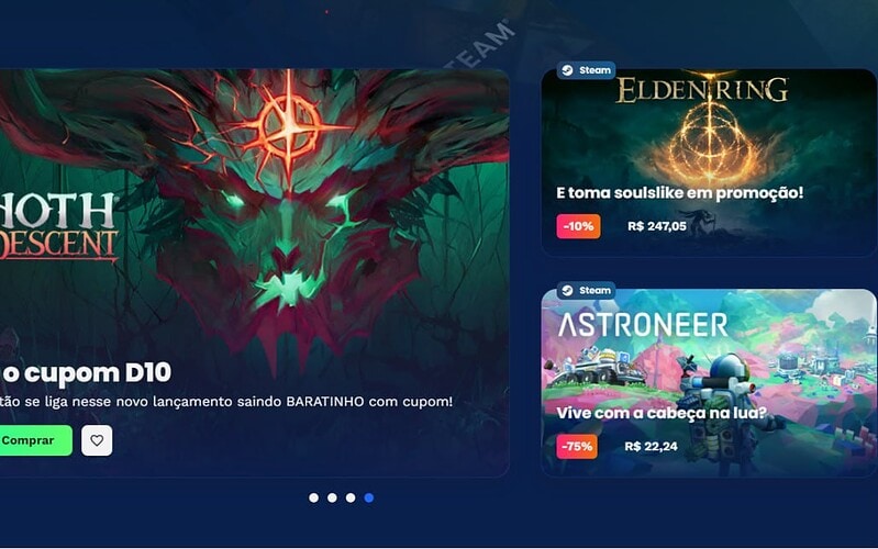 Captura promocional da nuuvem com destaque para terrinoth heroes of descent, elden ring e astroneer em oferta