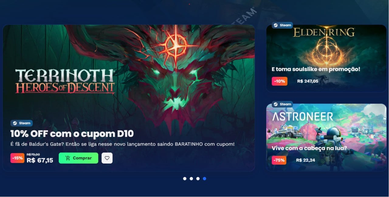 Captura promocional da nuuvem com destaque para terrinoth heroes of descent, elden ring e astroneer em oferta