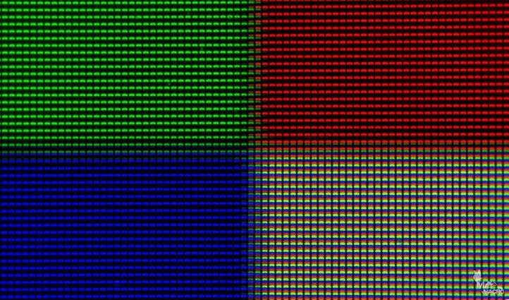 Close ampliado de uma tela digital mostra subpixels rgb em quadrantes verde, vermelho, azul e branco, ilustrando a estrutura de pixels de um display