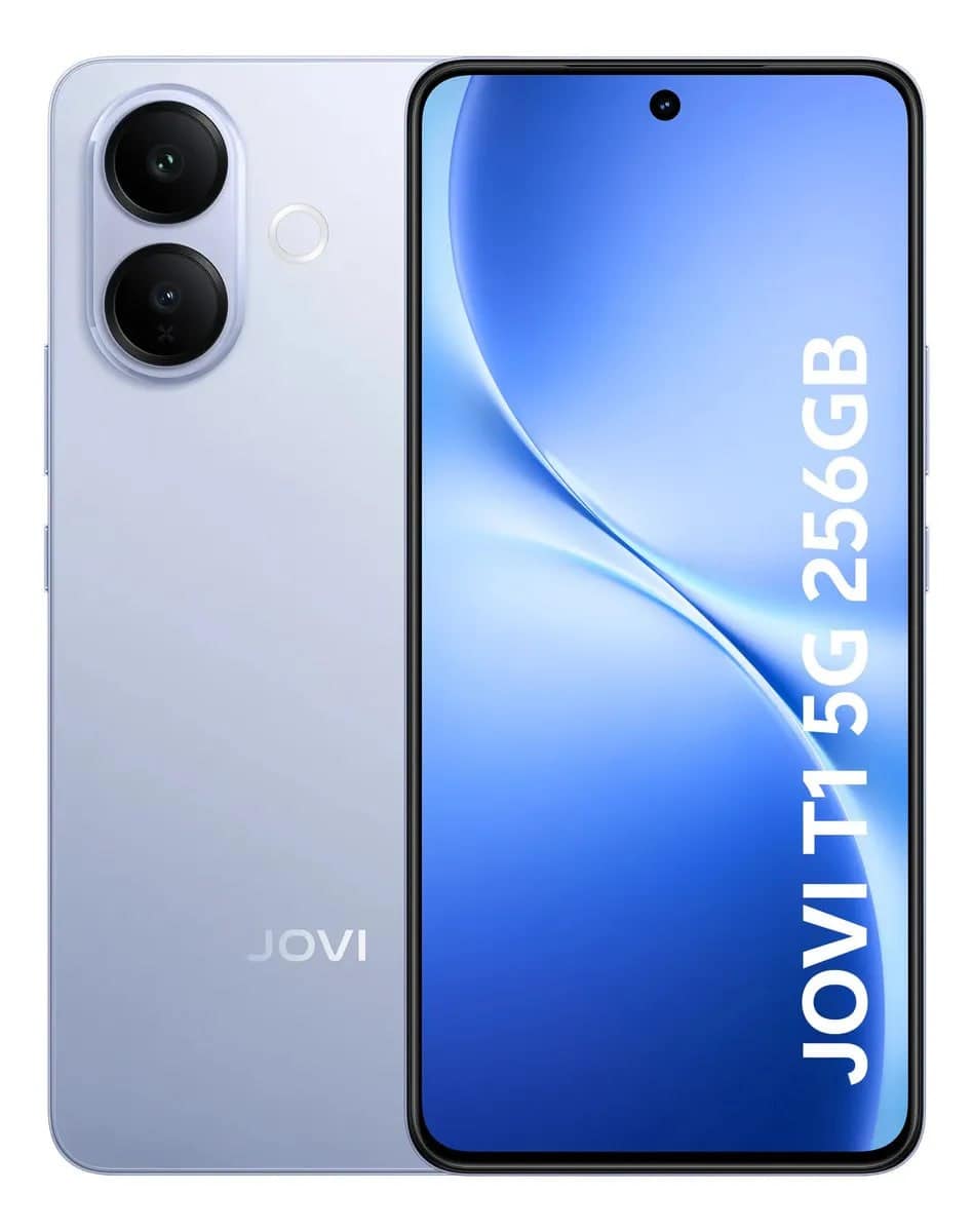 De Jovi T1 5G in een lichte kleur, met op zowel de voor- als achterkant de tekst "5G 256GB" op het scherm.