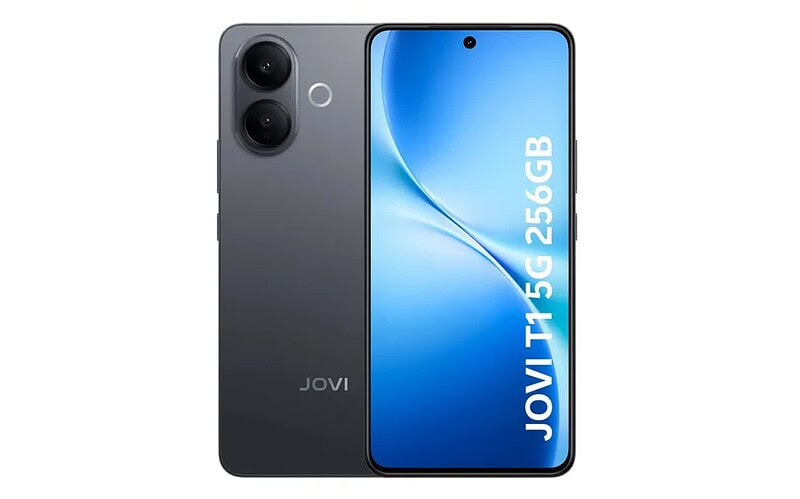 Jovi t1 5g nas cores preto e azul com tela frontal e conjunto de câmeras traseiras