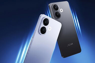 Jovi t1 5g nas cores preto e azul em imagem promocional com fundo azul