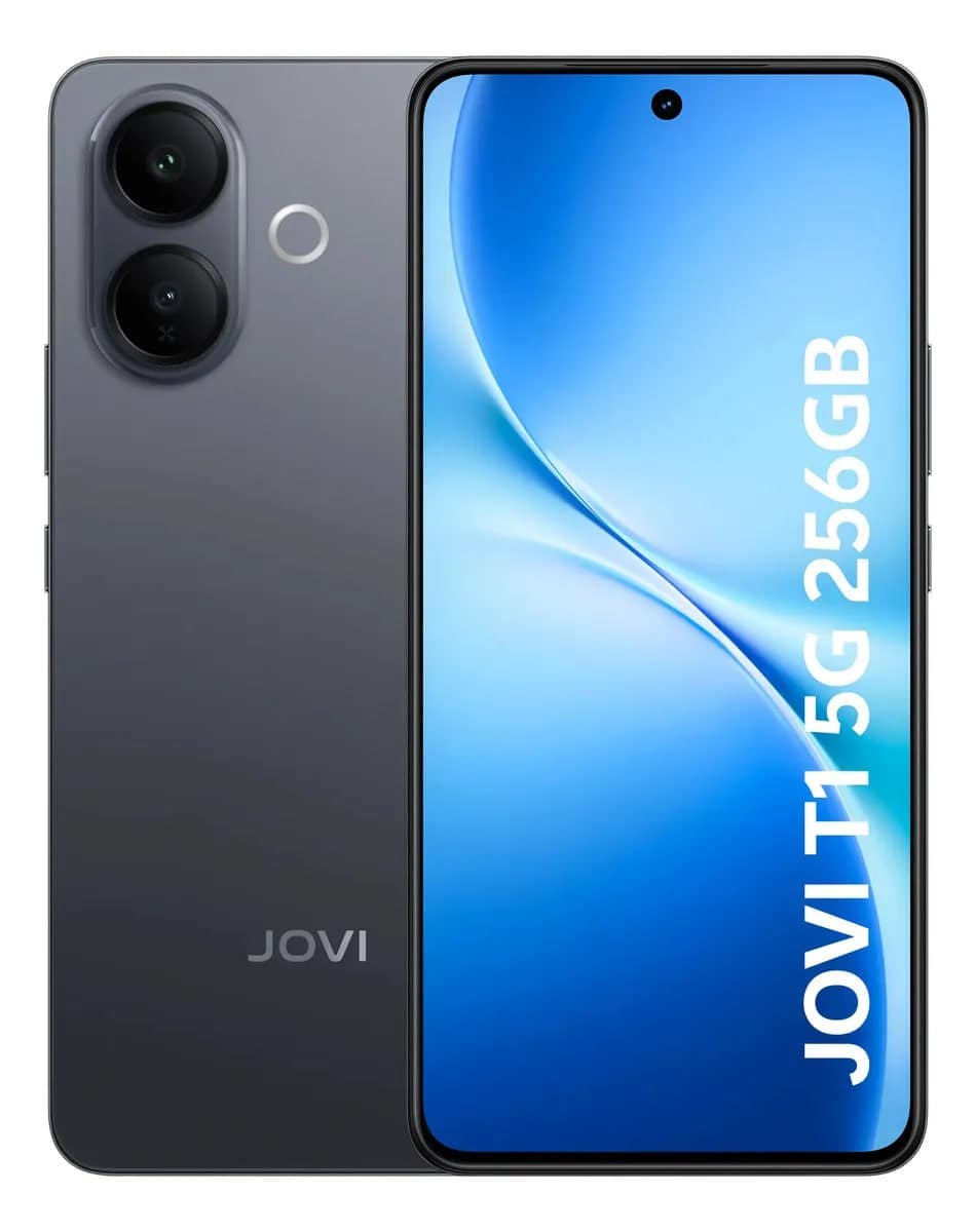Jovi T1 5G zwart met scherm aan de voor- en achterkant waarop 5G wordt weergegeven, 256 GB.