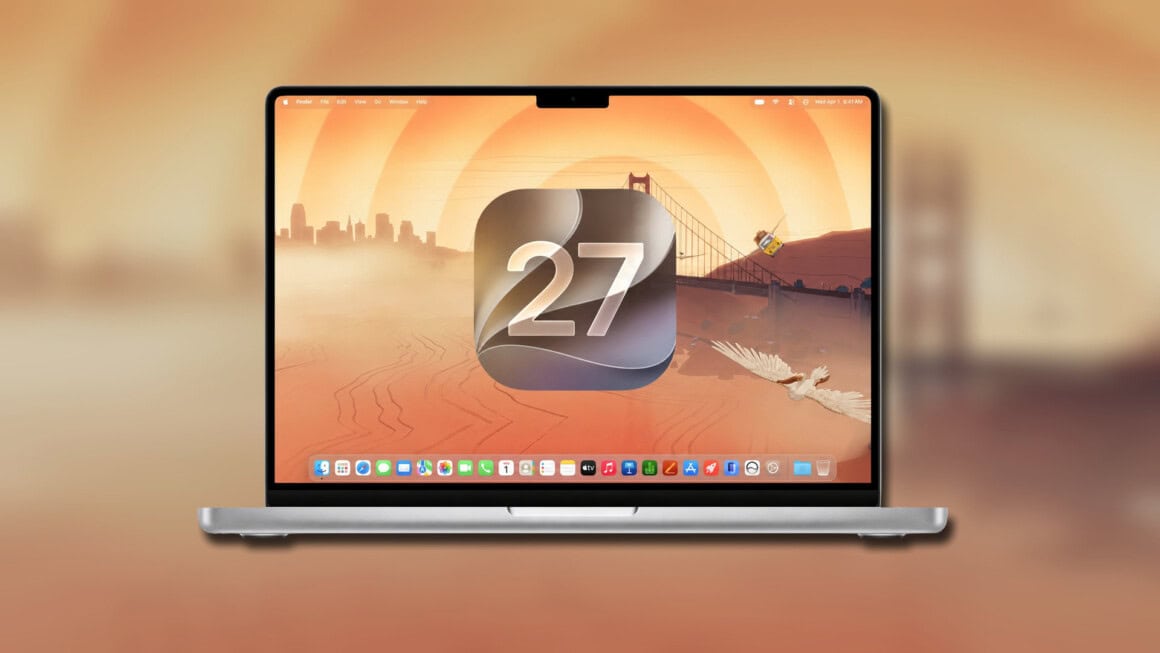 Macbook exibindo o logo do macos 27 golden gate com wallpaper da ponte golden gate, anunciado na wwdc 2026 com novas funcionalidades e suporte exclusivo para apple silicon