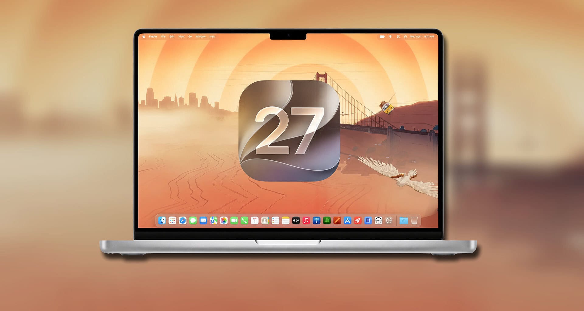 Macbook exibindo o logo do macos 27 golden gate com wallpaper da ponte golden gate, anunciado na wwdc 2026 com novas funcionalidades e suporte exclusivo para apple silicon