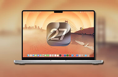 Macbook exibindo o logo do macos 27 golden gate com wallpaper da ponte golden gate, anunciado na wwdc 2026 com novas funcionalidades e suporte exclusivo para apple silicon