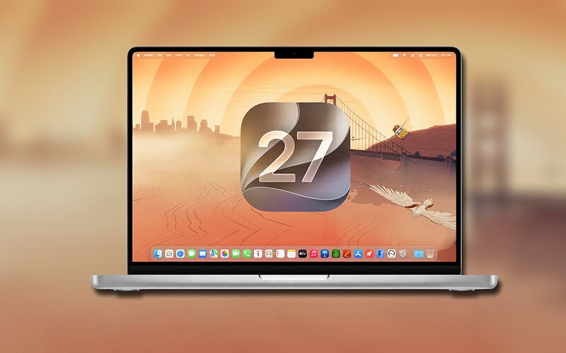 Macbook exibindo o logo do macos 27 golden gate com wallpaper da ponte golden gate, anunciado na wwdc 2026 com novas funcionalidades e suporte exclusivo para apple silicon