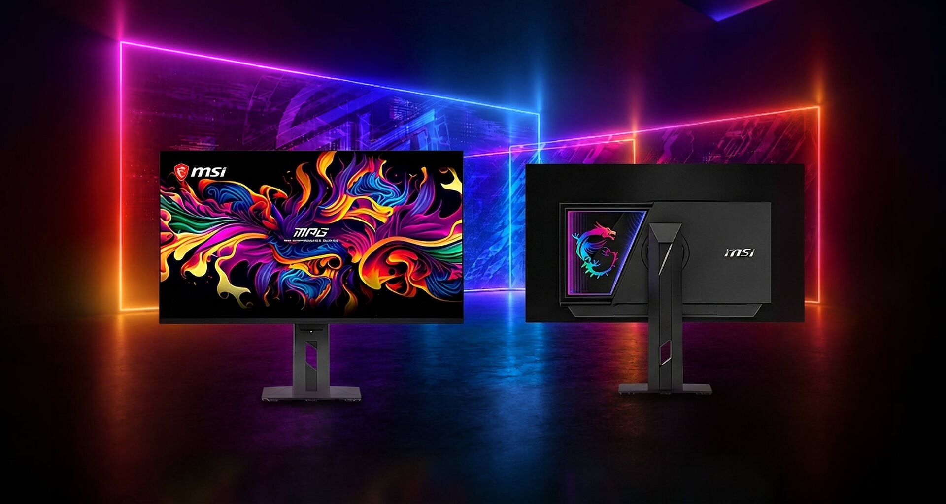 Msi mpg oled 322urdx36 monitor triple mode qd-oled visto de frente e costas com design rgb e painel colorido em ambiente gamer