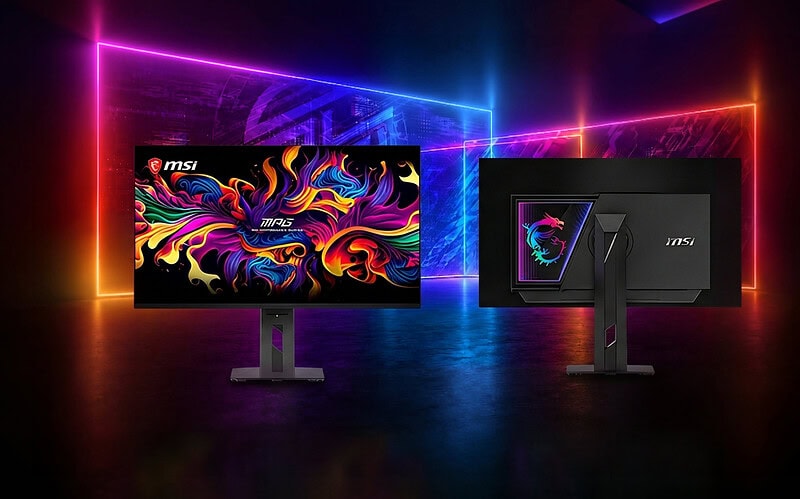 Msi mpg oled 322urdx36 monitor triple mode qd-oled visto de frente e costas com design rgb e painel colorido em ambiente gamer