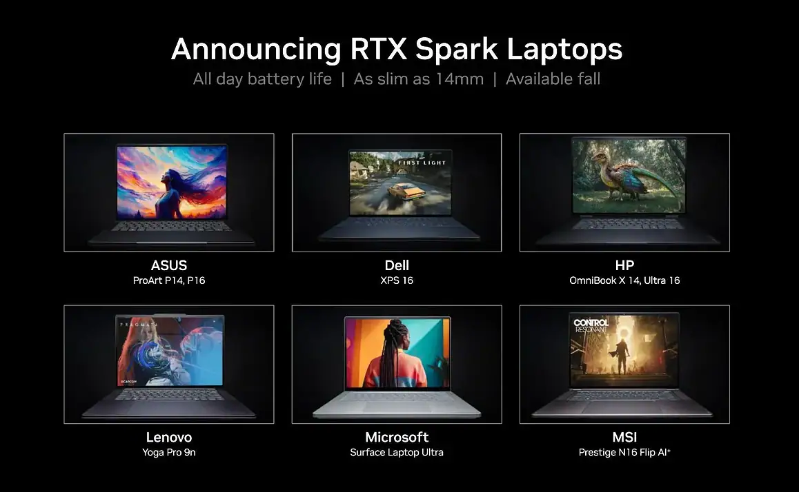 Slide mostra notebooks com nvidia rtx spark de asus, dell, hp, lenovo, microsoft e msi