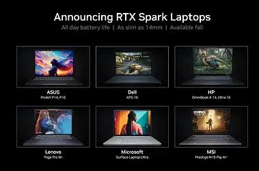 Slide mostra notebooks com nvidia rtx spark de asus, dell, hp, lenovo, microsoft e msi