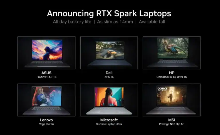 Slide mostra notebooks com nvidia rtx spark de asus, dell, hp, lenovo, microsoft e msi