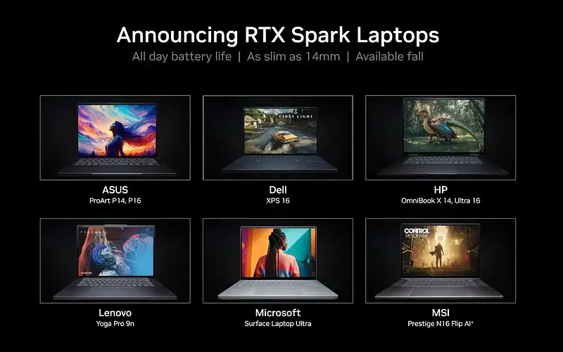 Slide mostra notebooks com nvidia rtx spark de asus, dell, hp, lenovo, microsoft e msi