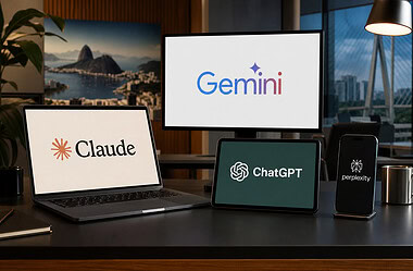 Cena fotorrealista com telas exibindo os logotipos de claude, gemini, chatgpt e perplexity.