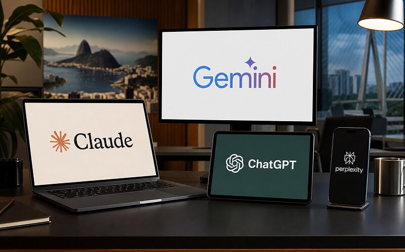 Cena fotorrealista com telas exibindo os logotipos de claude, gemini, chatgpt e perplexity.