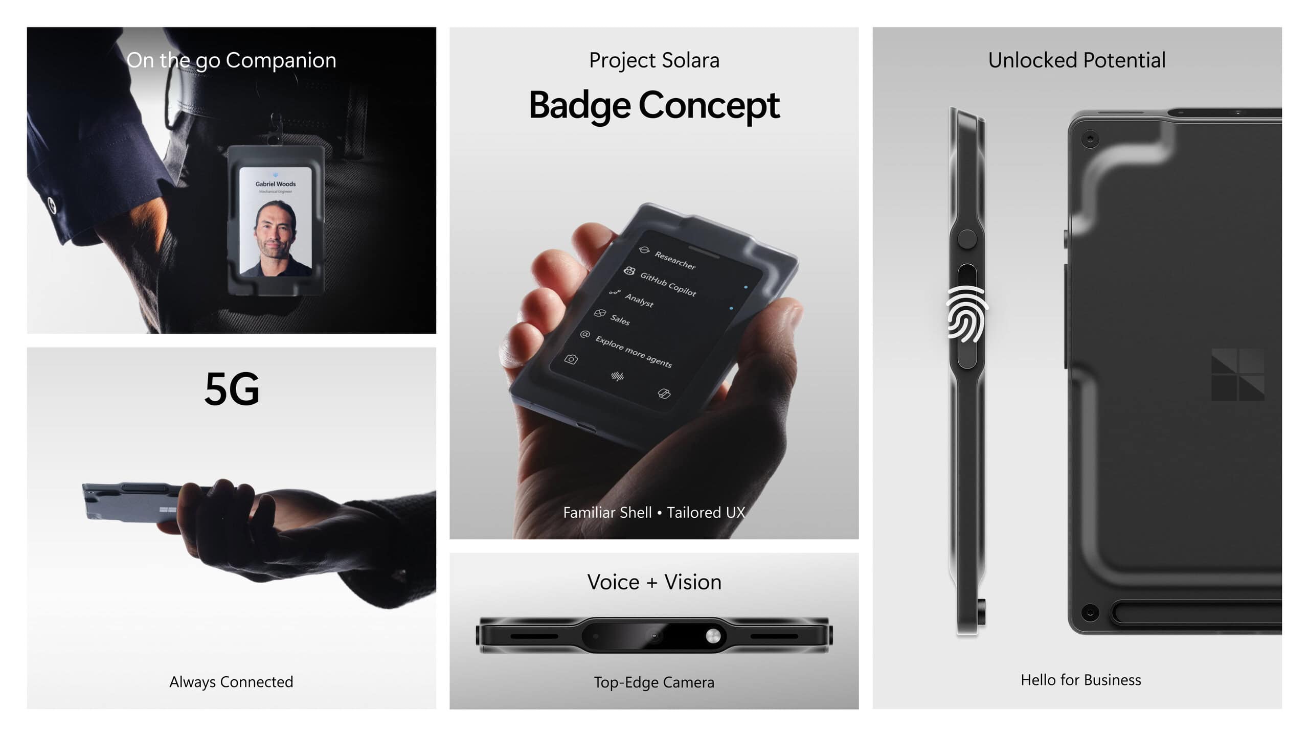 Project solara badge concept com câmera, leitor de digitais e conexão 5g