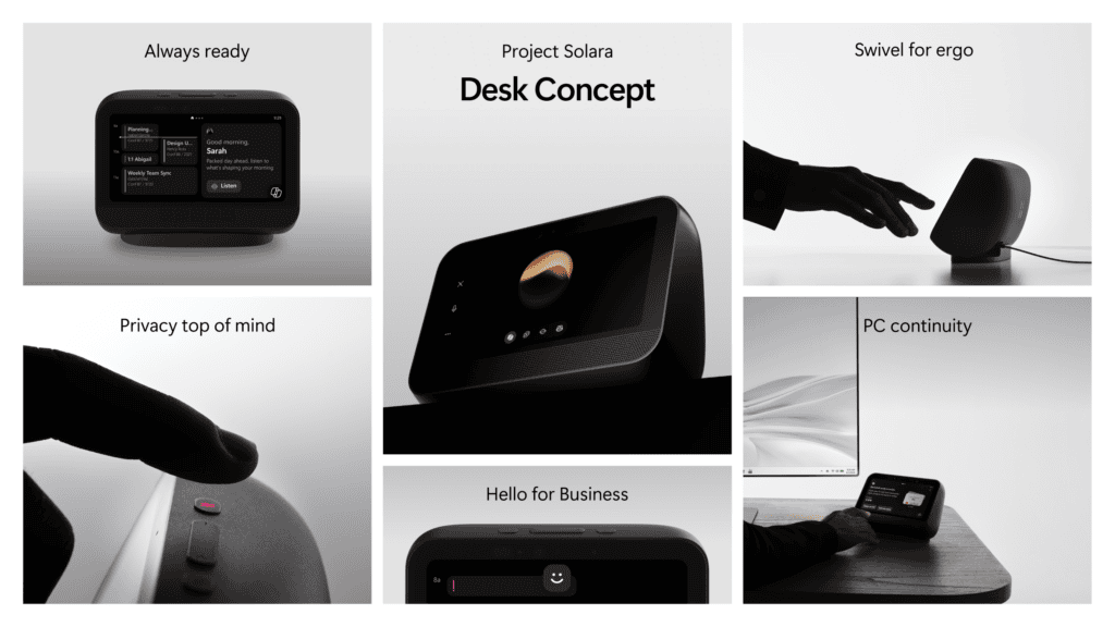 Project solara desk concept com tela e exemplos de uso em mesa de trabalho