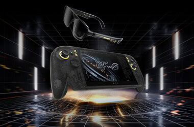 Rog xbox ally x20 em edição especial preta translúcida ao lado dos óculos rog xreal r1 edition 20