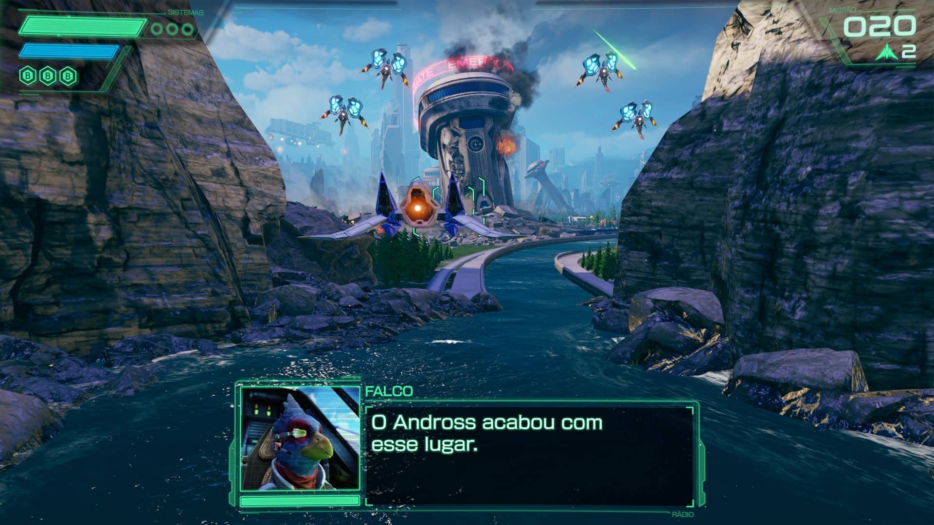 ការលេងហ្គេម Star Fox សម្រាប់ Nintendo Switch 2 ដែលមានយានអវកាស Arwing កំពុងប្រយុទ្ធ។