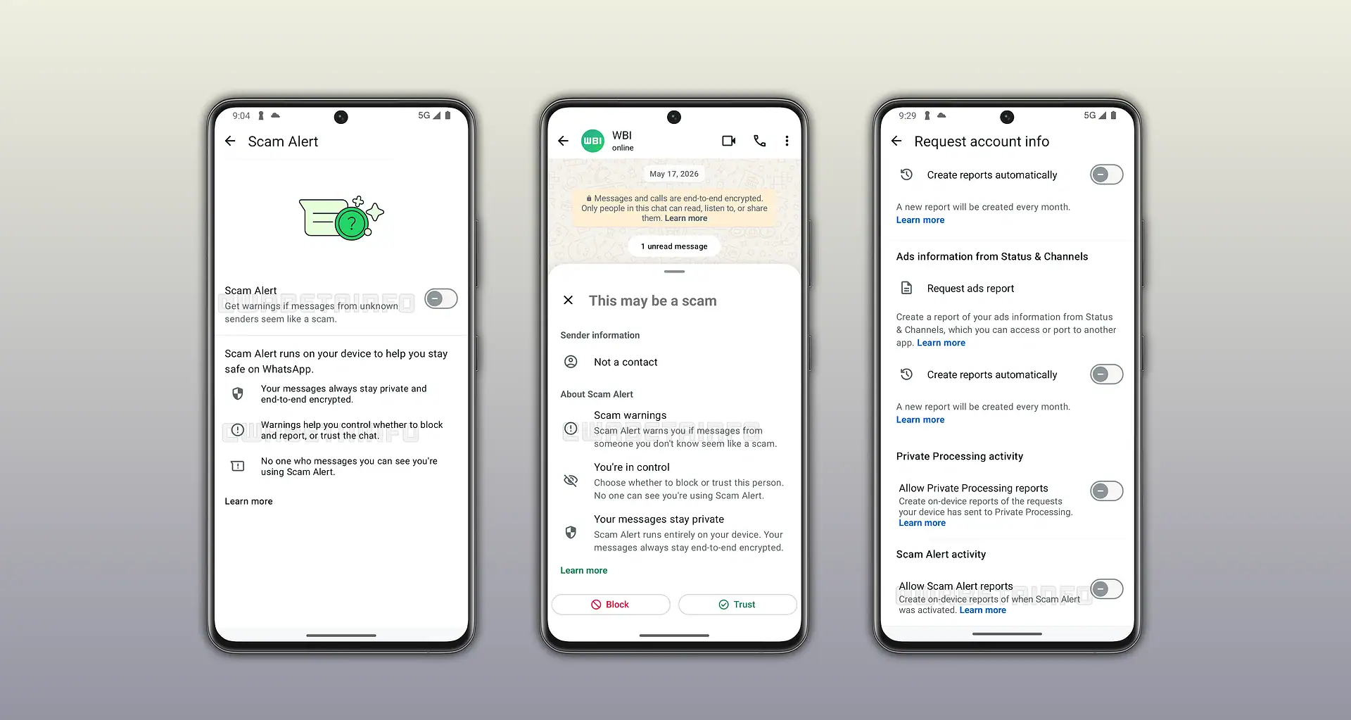 Telas do whatsapp mostram o recurso scam alert para avisar sobre mensagens suspeitas de desconhecidos