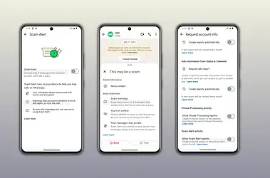 Telas do whatsapp mostram o recurso scam alert para avisar sobre mensagens suspeitas de desconhecidos
