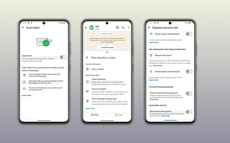Telas do whatsapp mostram o recurso scam alert para avisar sobre mensagens suspeitas de desconhecidos