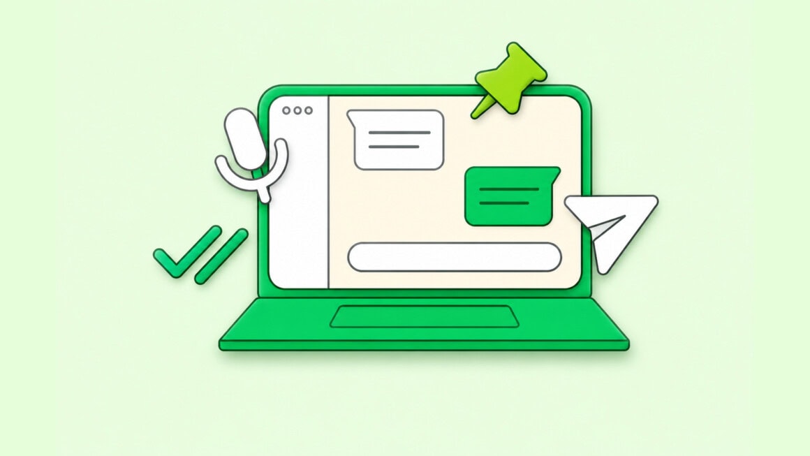 Ilustração de laptop verde com whatsapp web exibindo mensagens, microfone e elementos de comunicação, representando como funciona whatsapp web no computador de forma prática e integrada.