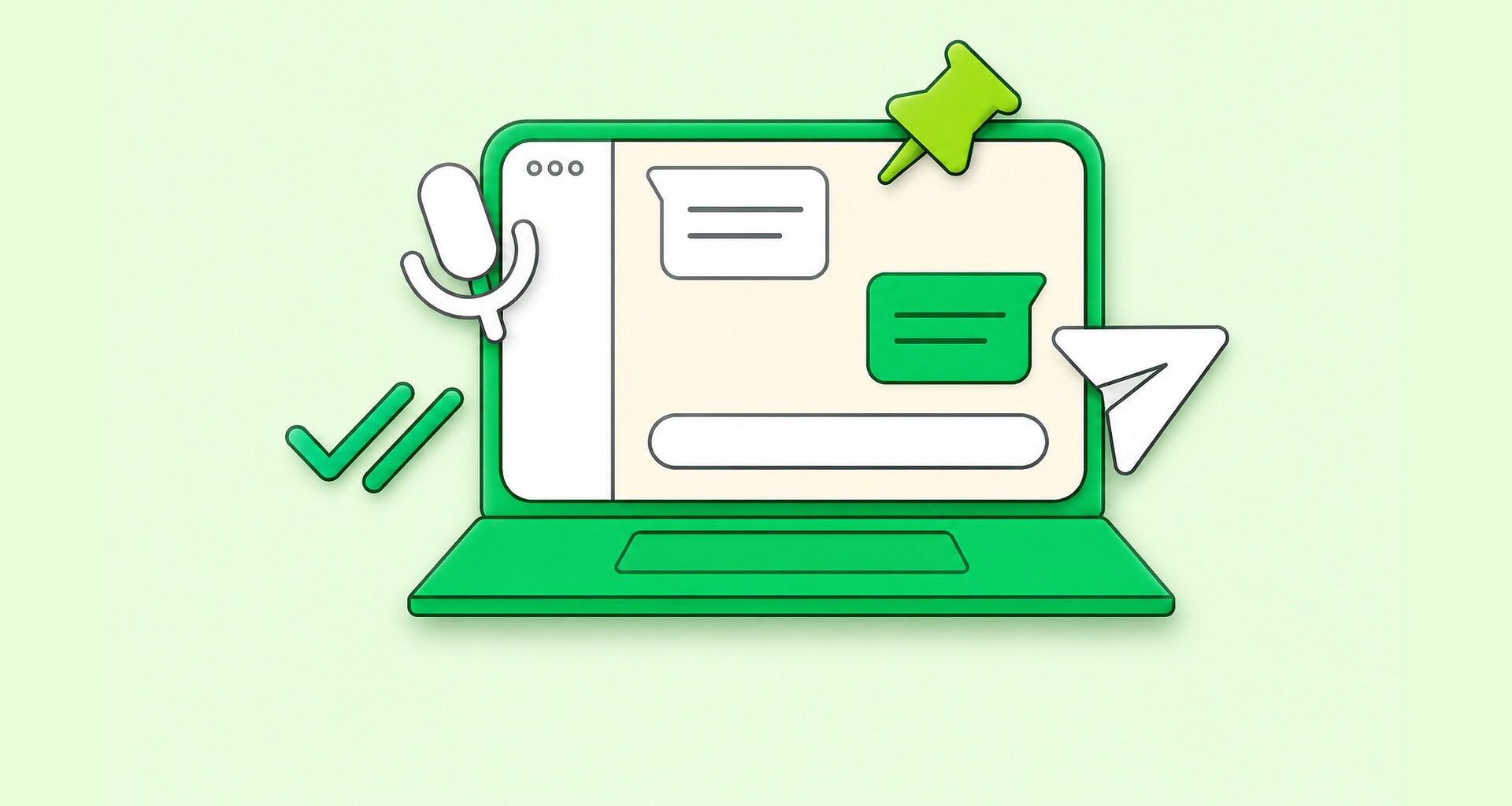 Ilustração de laptop verde com whatsapp web exibindo mensagens, microfone e elementos de comunicação, representando como funciona whatsapp web no computador de forma prática e integrada.