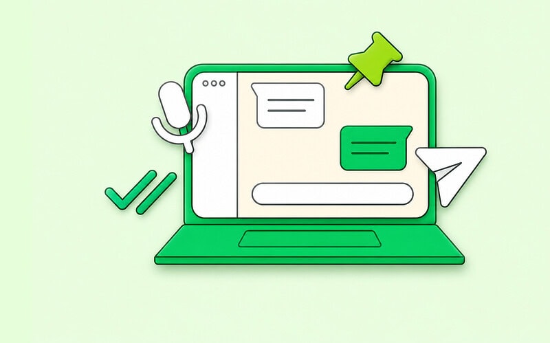 Ilustração de laptop verde com whatsapp web exibindo mensagens, microfone e elementos de comunicação, representando como funciona whatsapp web no computador de forma prática e integrada.